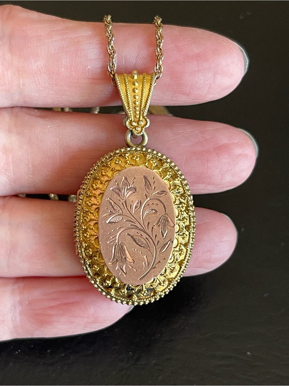 Vintage gold and rose gold filled Floral Engraved Oval Locket Necklace.